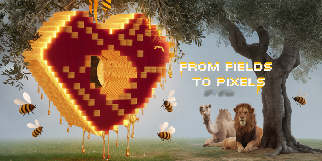 A large pixelated heart-shaped beehive drips honey from a tree, surrounded by bees. A lion, camel, and goat sit on grass. Text reads FROM FIELDS TO PIXELS in a digital font.