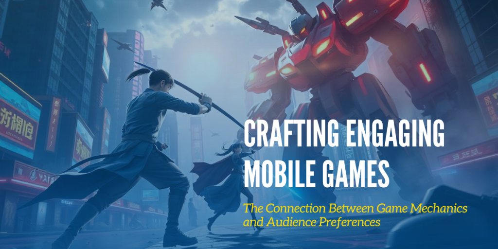 A warrior with a sword faces a giant robot in a futuristic city. Text reads “Crafting Engaging Maysalward Mobile Games: The Connection Between Game Mechanics and Audience Preferences.”.
