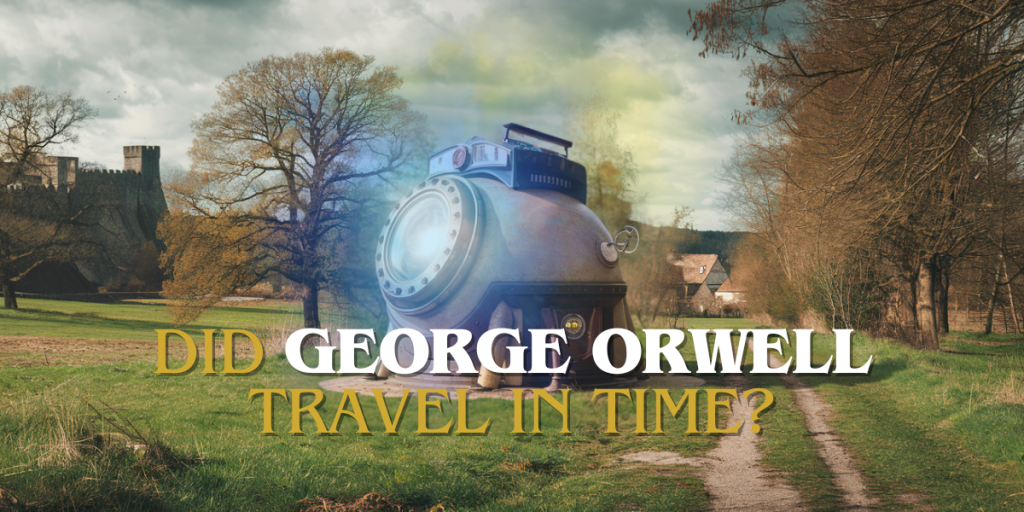 A glowing, steampunk-style time machine sits on a grassy path in a rural landscape, with large yellow and white text reading “Did George Orwell or Animal Farm travel in time?” across the image.