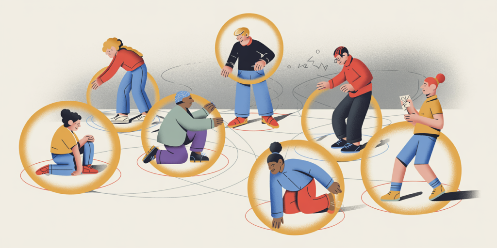 Illustration of seven people isolated in glowing circles, each engaged in separate activities like playing mobile games, symbolizing social distancing. Thin lines connect the circles, hinting at the Power of Play to maintain minimal connection.