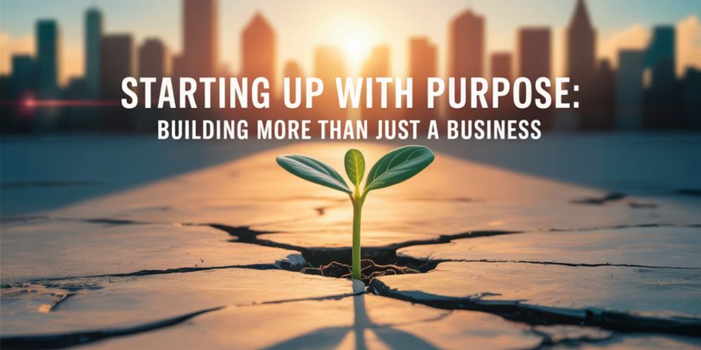 A small green plant grows through cracked pavement, with a city skyline at sunrise in the background. Overlaid text reads: Starting up with purpose—Maysalward leadership is about building more than just a business; it’s shaping cultures.