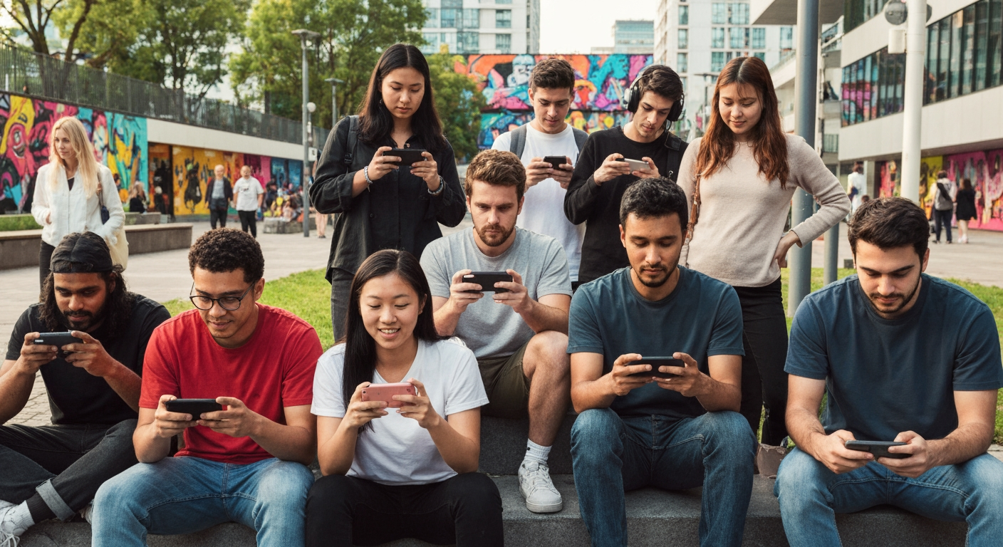 A group of young adults sit and stand outdoors in an urban area, all focused on their smartphones. They appear engaged with their screens, surrounded by vibrant street art and modern buildings.